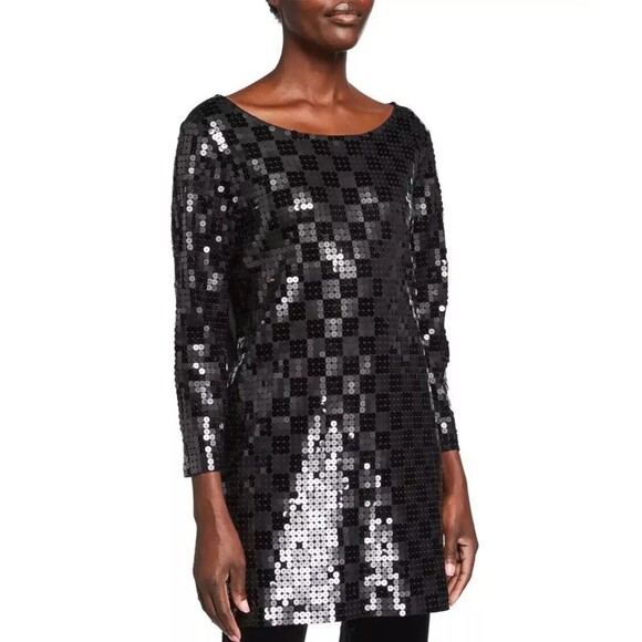 Joan Vass Large Sequin Tunic 3/4 Sleeve Sparkle Boat Neck Top Black - Picture 1 of 7